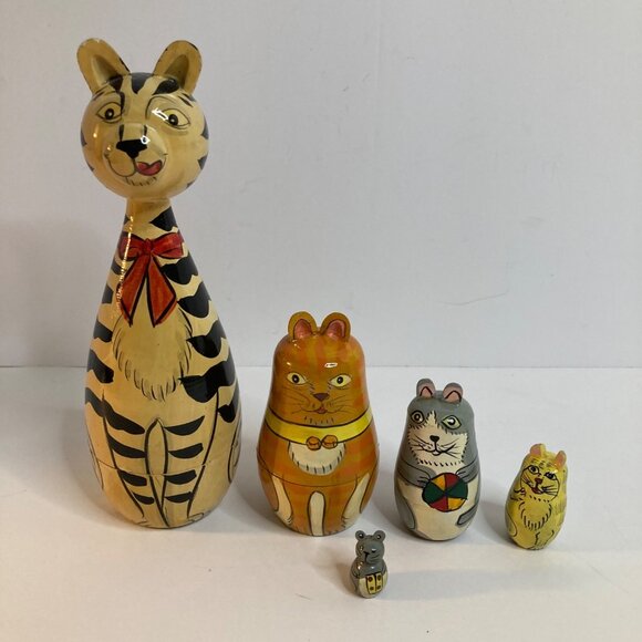 Wooden Matryoshka Nesting Cat Dolls 7" 5 dolls Mouse Baby - Picture 1 of 12